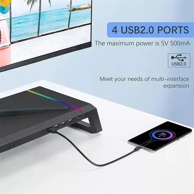 4-портовая USB-подставка Для Монитора, Алюминиевый Держатель Для Клавиатуры Ноутбука С Быстрой Зарядкой 3