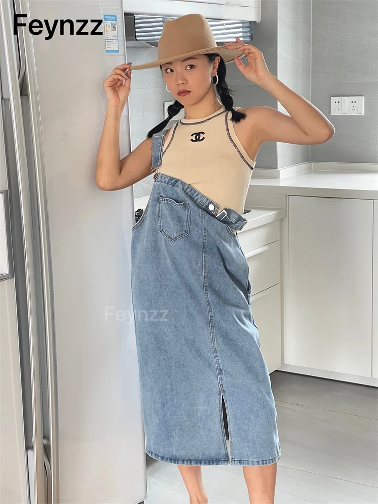 Feynzz Sleeveless Women Denim Suspender Dress Spring New Midi Skirt Vintage Button Pockets Jumpsuits Dress Plus Size Women Jeans