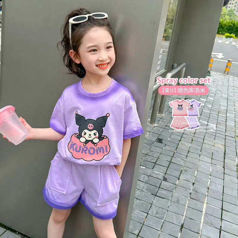 

Girls Summer Kuromi Short-Sleeved Set Sanrioed Kawaii Anime Children Casual Tops Sweet Cute Cartoon Babys Clothes Gift for Kids
