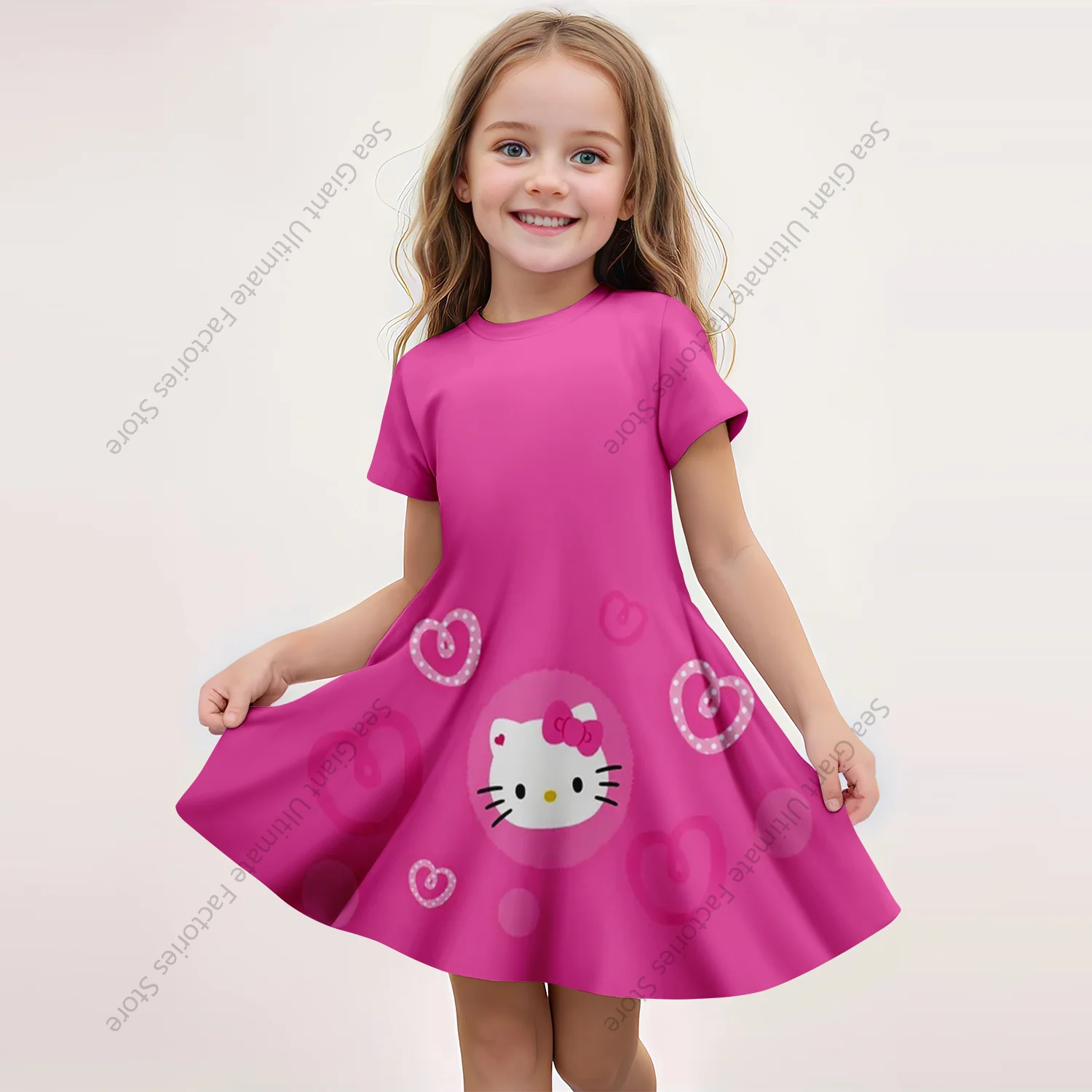 MINISO Girls Summer Dress Cartoon Cute Hello Kitty Princess 3D Print Dresses Girls Short Sleeve Princess Dress Lovely Clothing 2