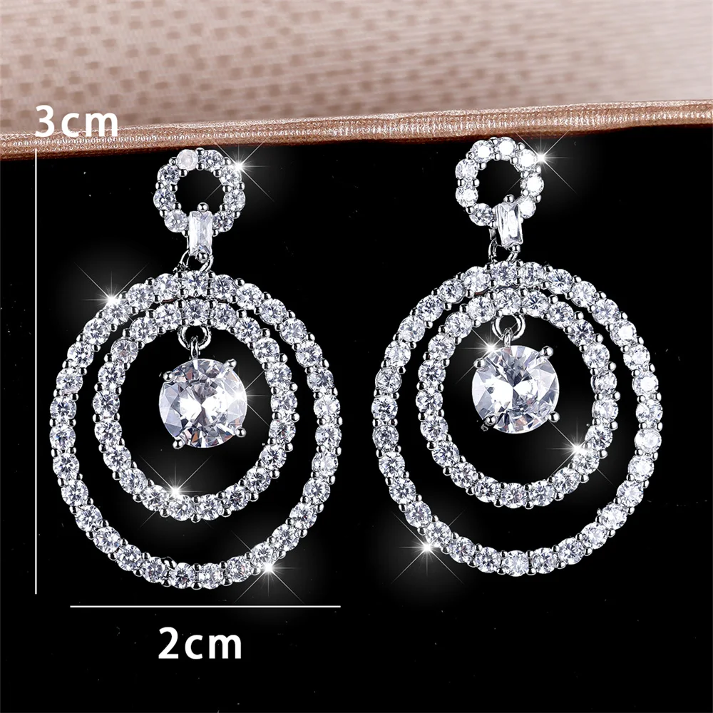 Double Layer Round Stone Pendant White Zircon Stud Earrings For Women Trendy Silver Color Wedding Earring Versatile Jewelry Gift