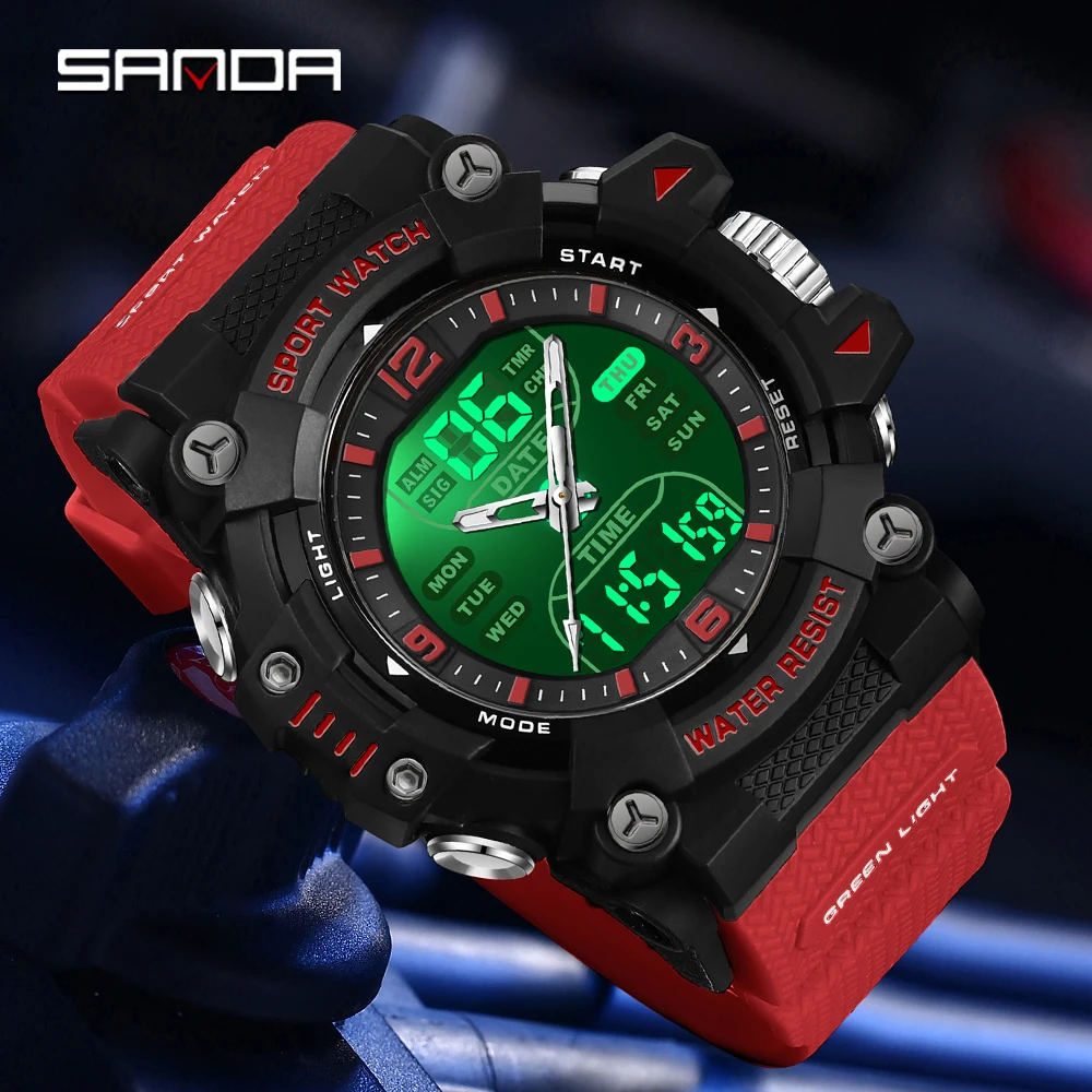 SANDA 6323 Men's Electronic Watch Dual Display Luminous Waterproof Student Watch Outdoor Sports Multifunctional Digital Watch