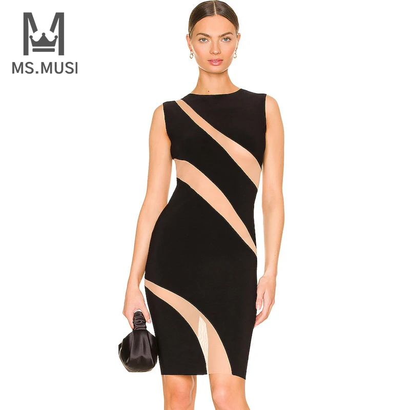 

MSMUSI 2022 New Fashion Women Sexy Black O Neck Lace Mesh Patchwork Hollow Out Sleeveless Bodycon Party Club Midi Dress Vestidos