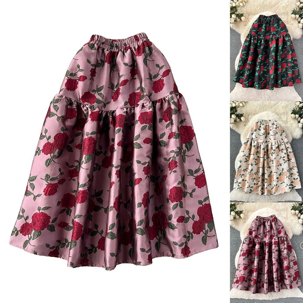 

2023 Fashion Retro Palace Jacquard Fluffy Skirt for Women VD4303 Autumn Midi Length Floral Skirts