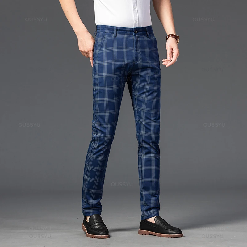 Mens Slim Fit Plaid Checkered Pants Stretch Casual Work Pants Trousers