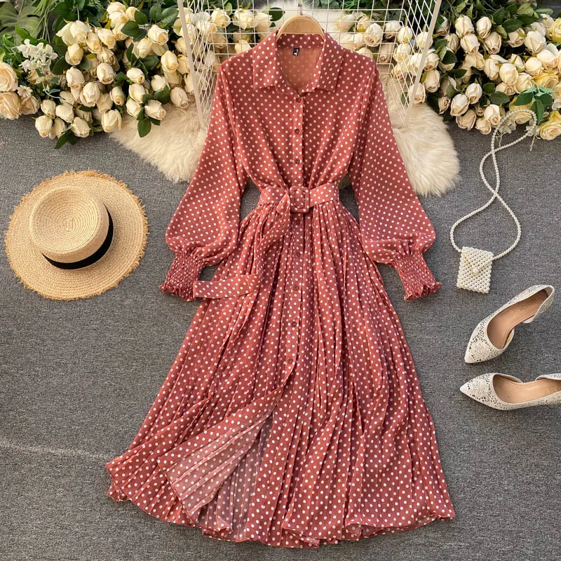 

Spring New Women Vintage Party Dress Long Sleeve Polka Dot Pleated Evening Black Vestidos Female Long Vestidos
