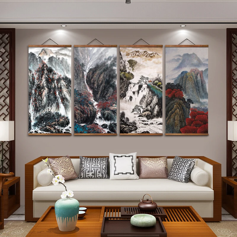 

MT0958 Chinese Stylesunrise landscape Ink Canvas Decorative Wall Art Posters Solid Wood Scroll Paintings