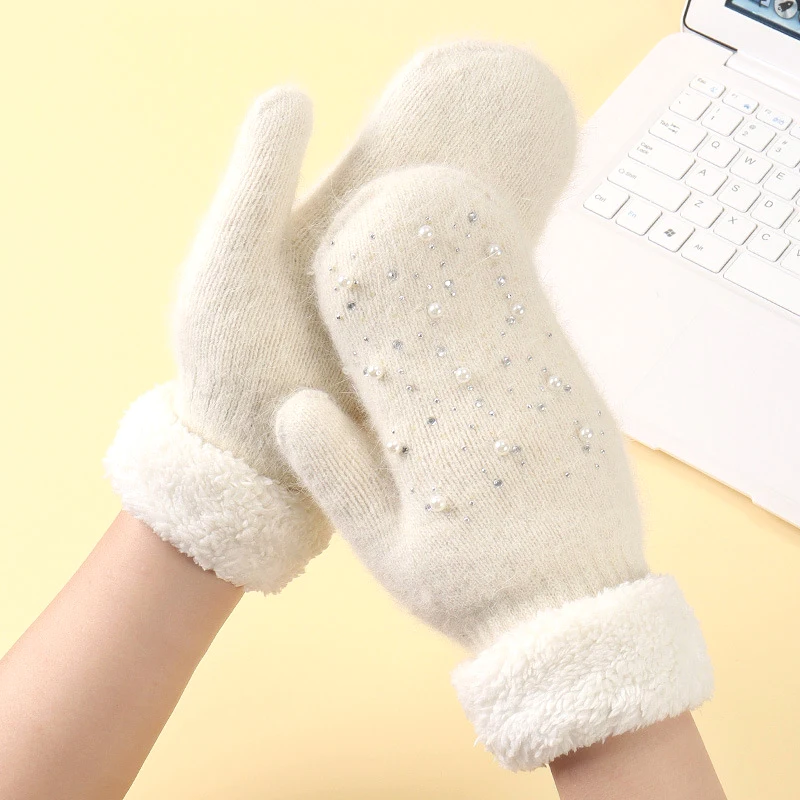 

2023 New Girl Cute Beading Cashmere Gloves Women Winter Thicken Keep Warm Soft Full Fingers Mittens Knitted Cute Plush