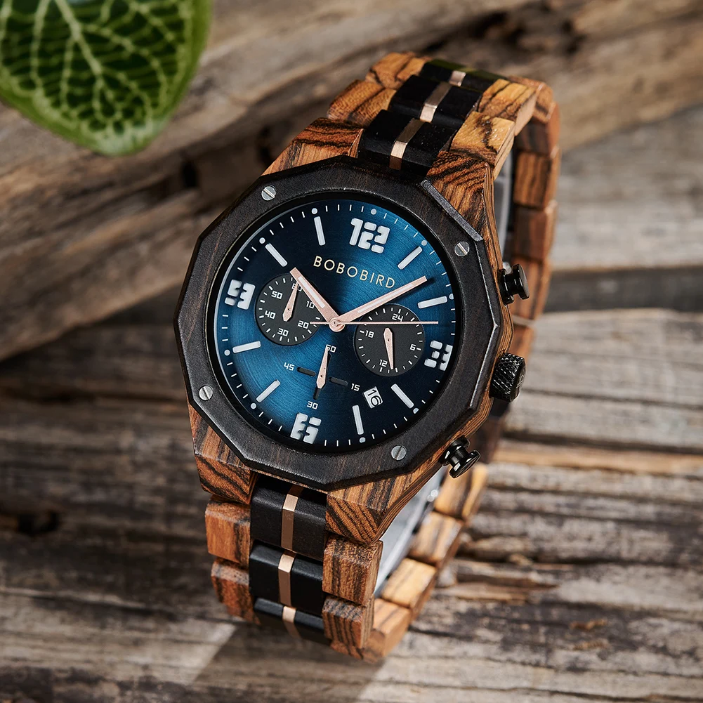 

BOBO BIRD Men's Wooden Watch Japanese Movement Luxury Quartz Wristwatch Chronograph Sporty Design Military Timepieces Gift Box