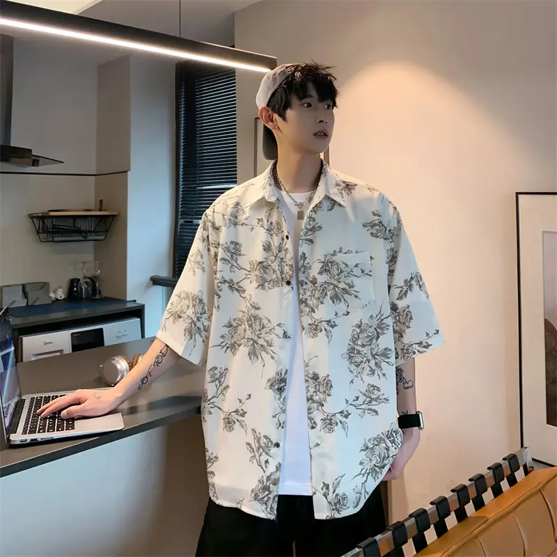 Ice silk thin men's summer shirt loose casual short-sleeved shirt Hong Kong style trend versatile high street American style top