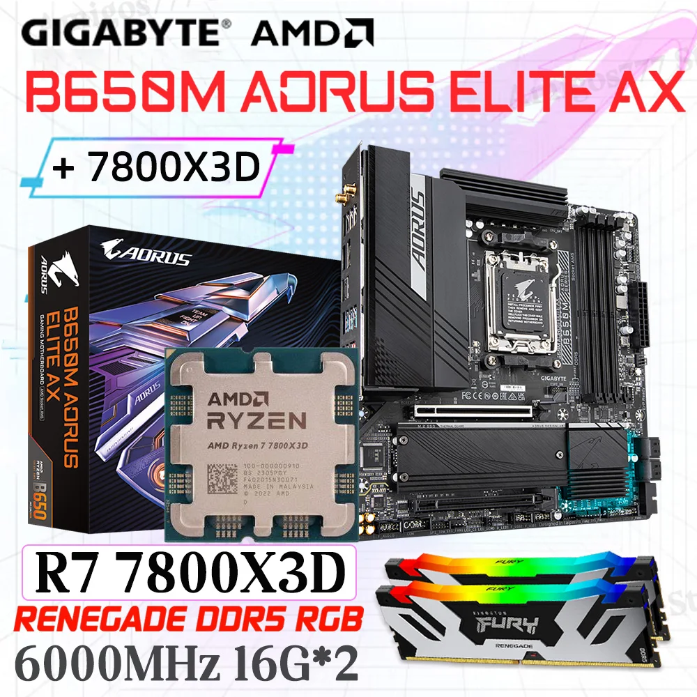 

Процессор AM5 Combo R7 7800X3D AM5, процессор Ryzen Kit с Gigabyte B650M AORUS ELITE AX DDR5, память AMD B650, материнская плата R7 7800X3D