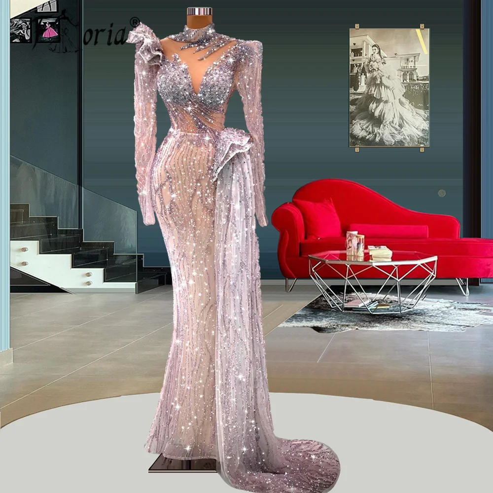 

Gorgeous Full Beading Evening Dresses Mermaid High Neck Long Sleeves Dubai Party Dress Celebrity Formal Gown Robe De Soiree Gala