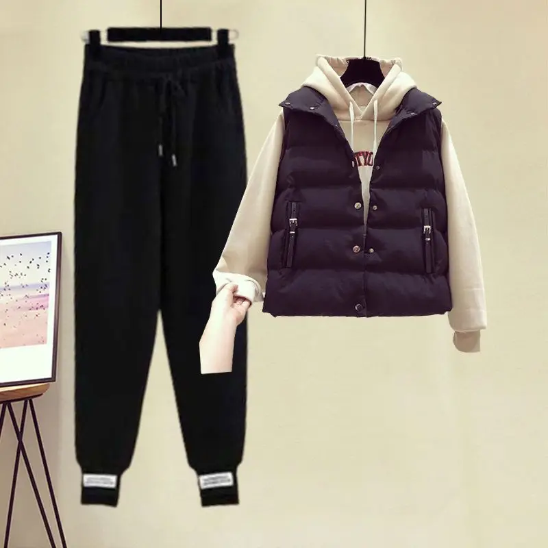 2023 Autumn and Winter New Hooded Sweater Cotton Vest Slim Harlan Elastic Casual Pants Three Piece Fashion Set