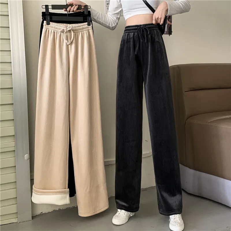 Women Wide-leg Pants Thickened Fleece Lining Women's Pants Elastic