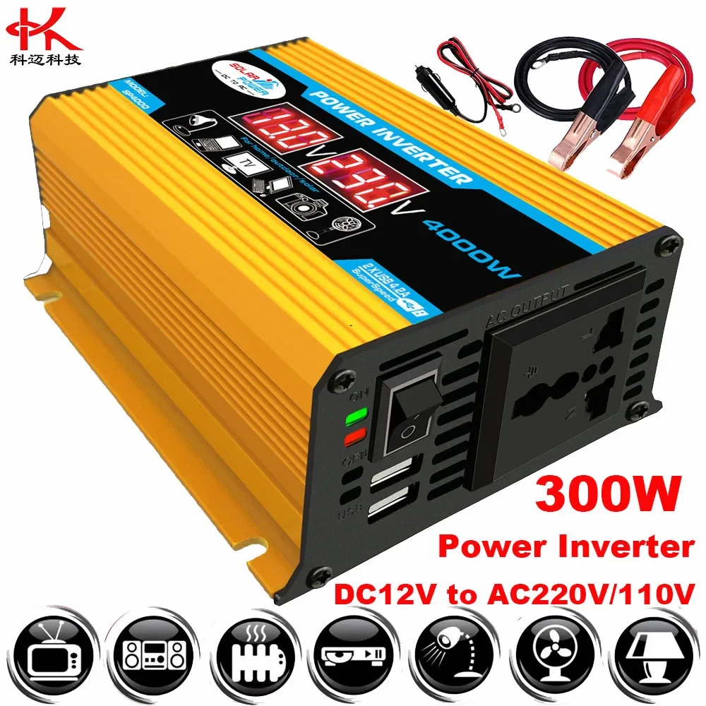 

KMIND Car Power Inverter 12v to 220v 110v Rated 300w Peak 600w Protection 4000W Converter Sine Wave Voltage Display USB Charge