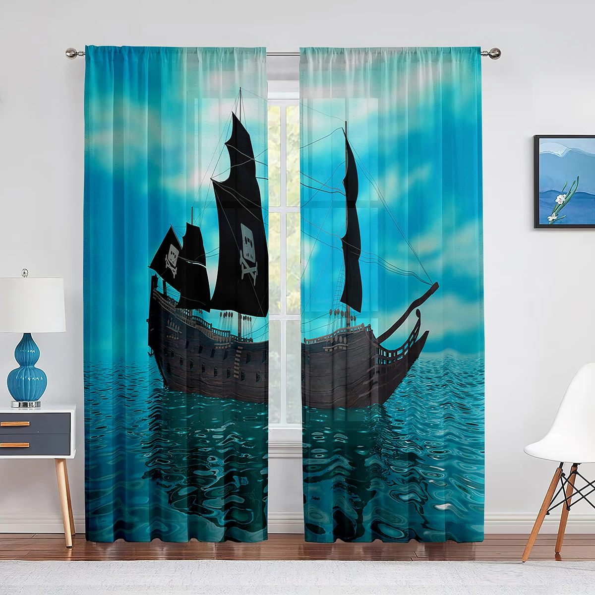 

Nautical Theme Sheer Voile Curtain Pirate Ship Fantasy Ocean Sea Window Tulle Curtains for Living Room Bedroom Dress Up Drapes