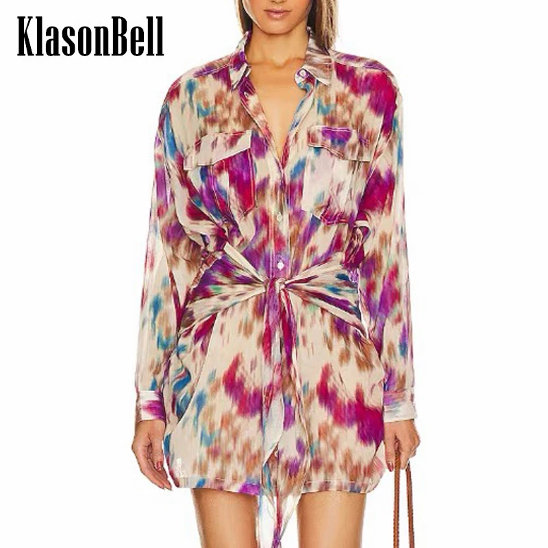 

4.17 KlasonBell Women New Arrival Tie Dye Print Long Sleeve Shirt Dress Single Breasted Bandage Slim Beach Holiday Dress