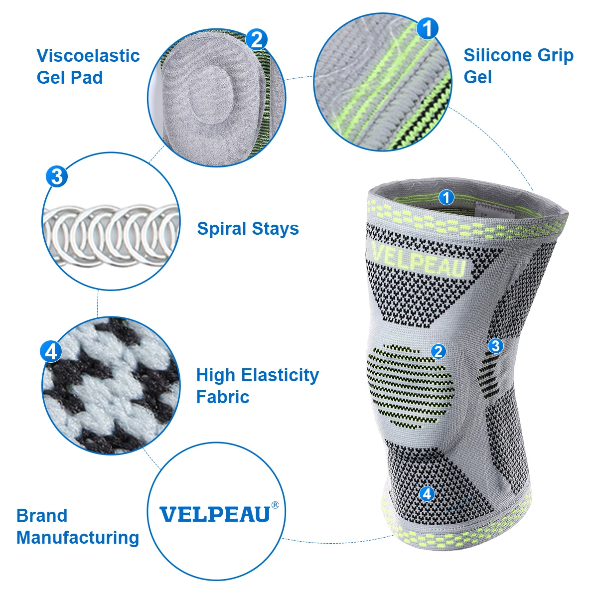 Knee Pad VELPEAU Knee Pad Silicone for Arthritis Pain Spring Compression for Fitness Gear Basketball Volleyball