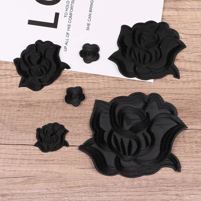 

Black Rose Flower Patch Fabric Embroidered Clothes Repair Stickers Bag Sew Iron On DIY Sewing Applique Apparel Clothing