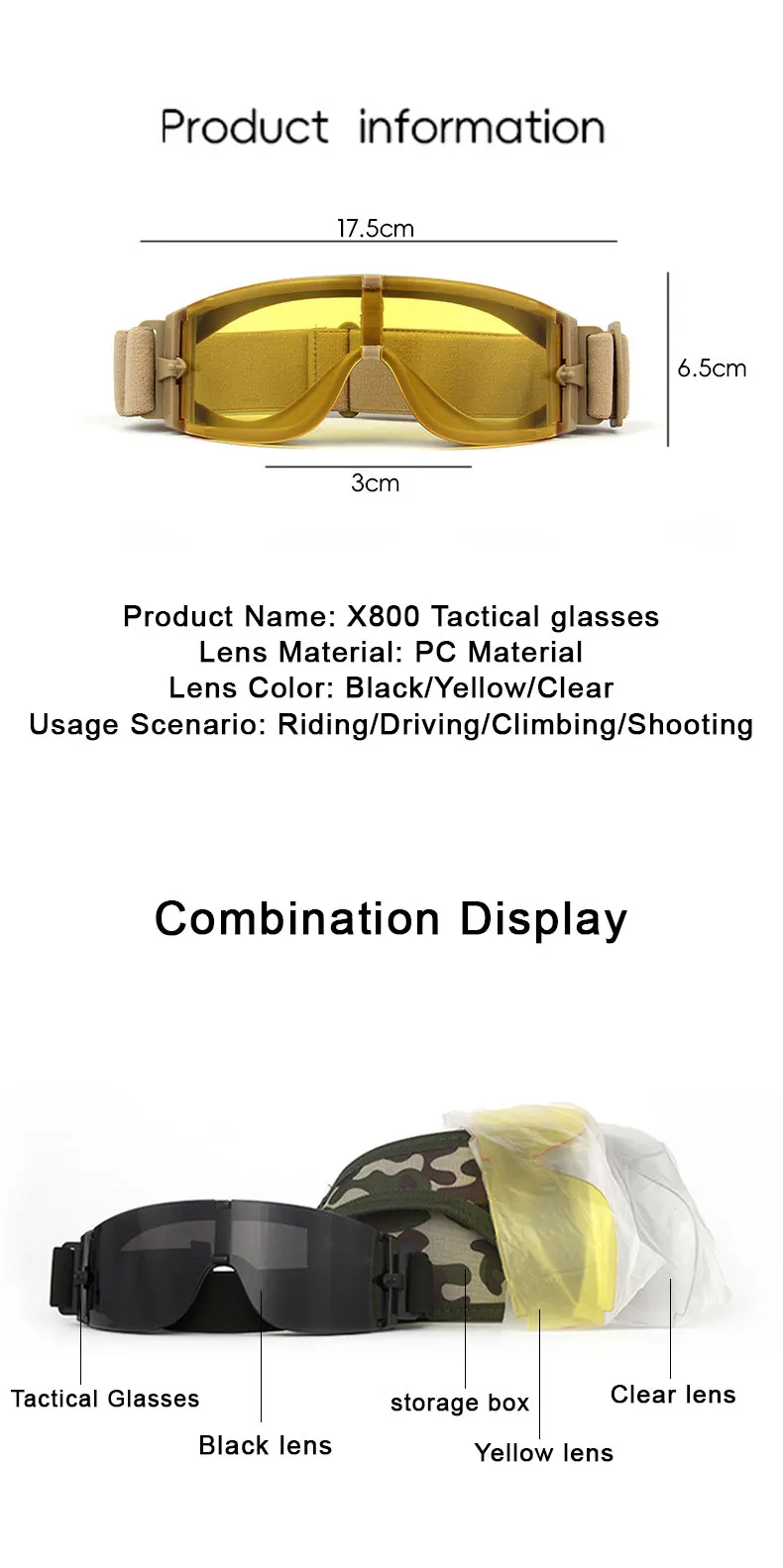 Tactical Goggles Windproof UV400 Protective Eyewear for Shooting Cycling Mountaineering Outdoor Sports
