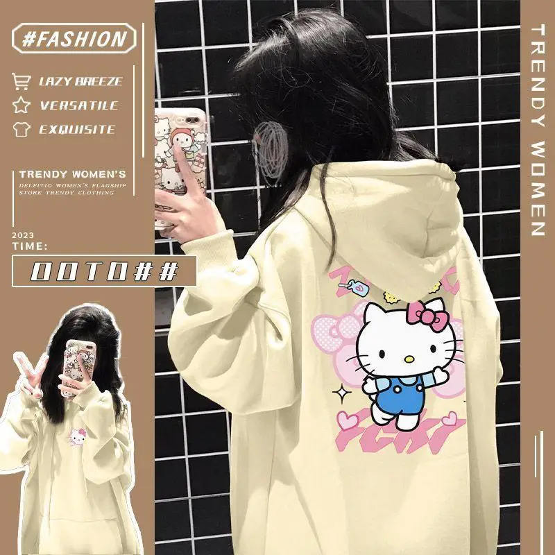 

Autumn New Sanrio Y2K Hello Kitty Pure Cotton Embroidered Hooded Sweatshirt Cartoon Loose Sweet Preppy Top Cute Warm Girl Gift