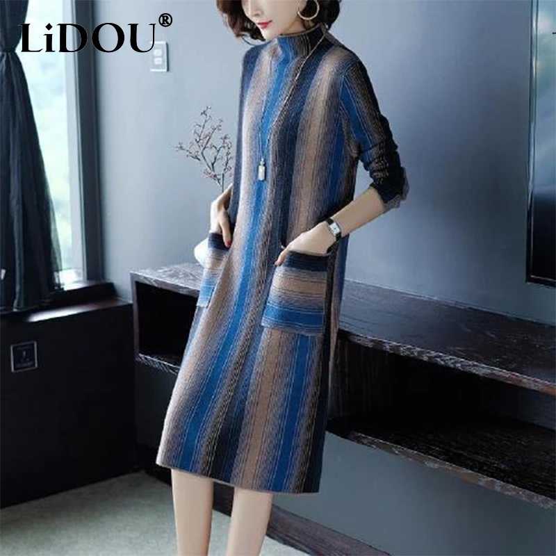 

Autumn Winter Half High Collar Fashion Tie Dye Knitted Dress Female Long Sleeve Elegant Robe Ladies Loose Casual Vintage Vestido