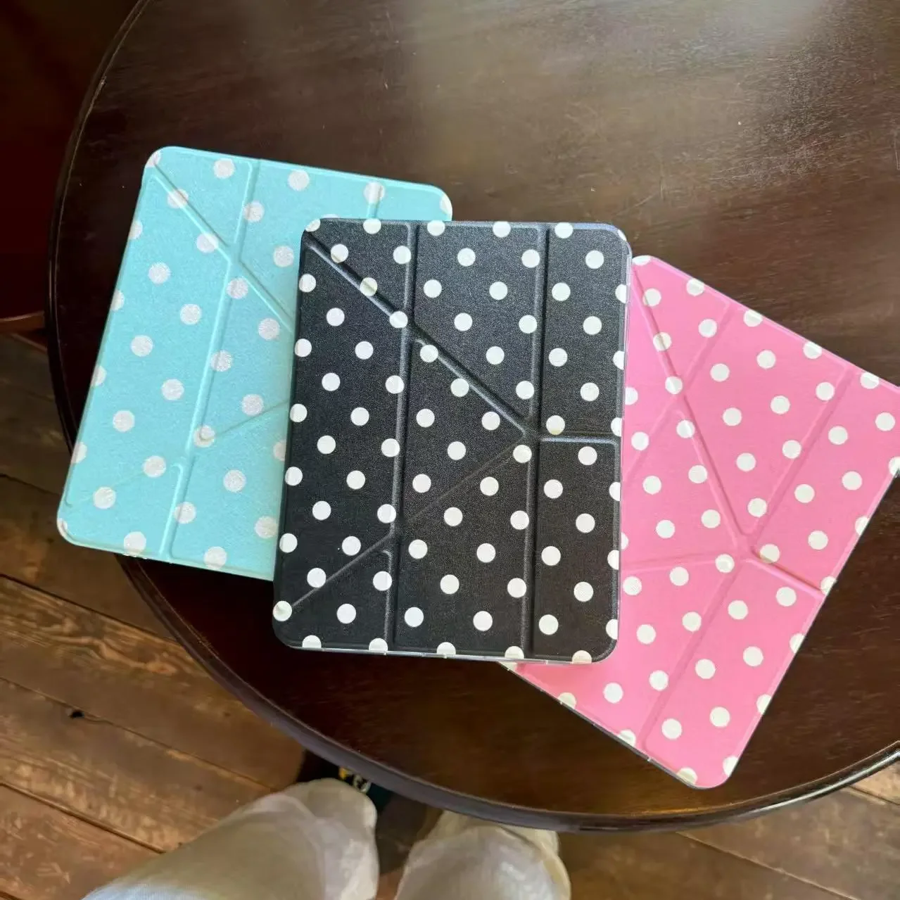 White Polka Dot Wing iPad Case with Pen Holder and Smart Y Folded Edge Design
