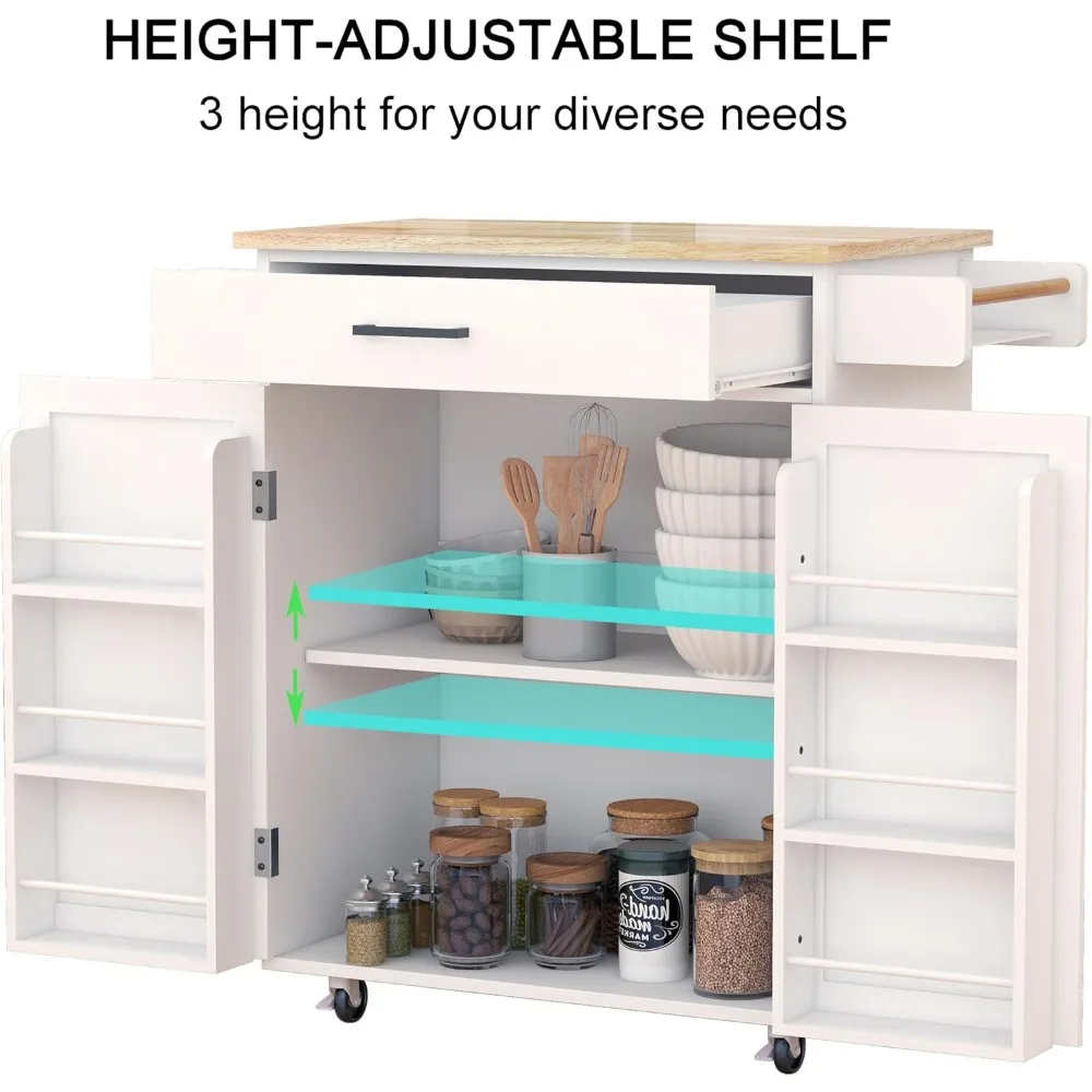 Kitchen Island Rolling Trolley Cart with 1 Drawer & 2 Doors with Storage Racks, Adjustable Shelves, Towel Rack, Seasoning Rack 5