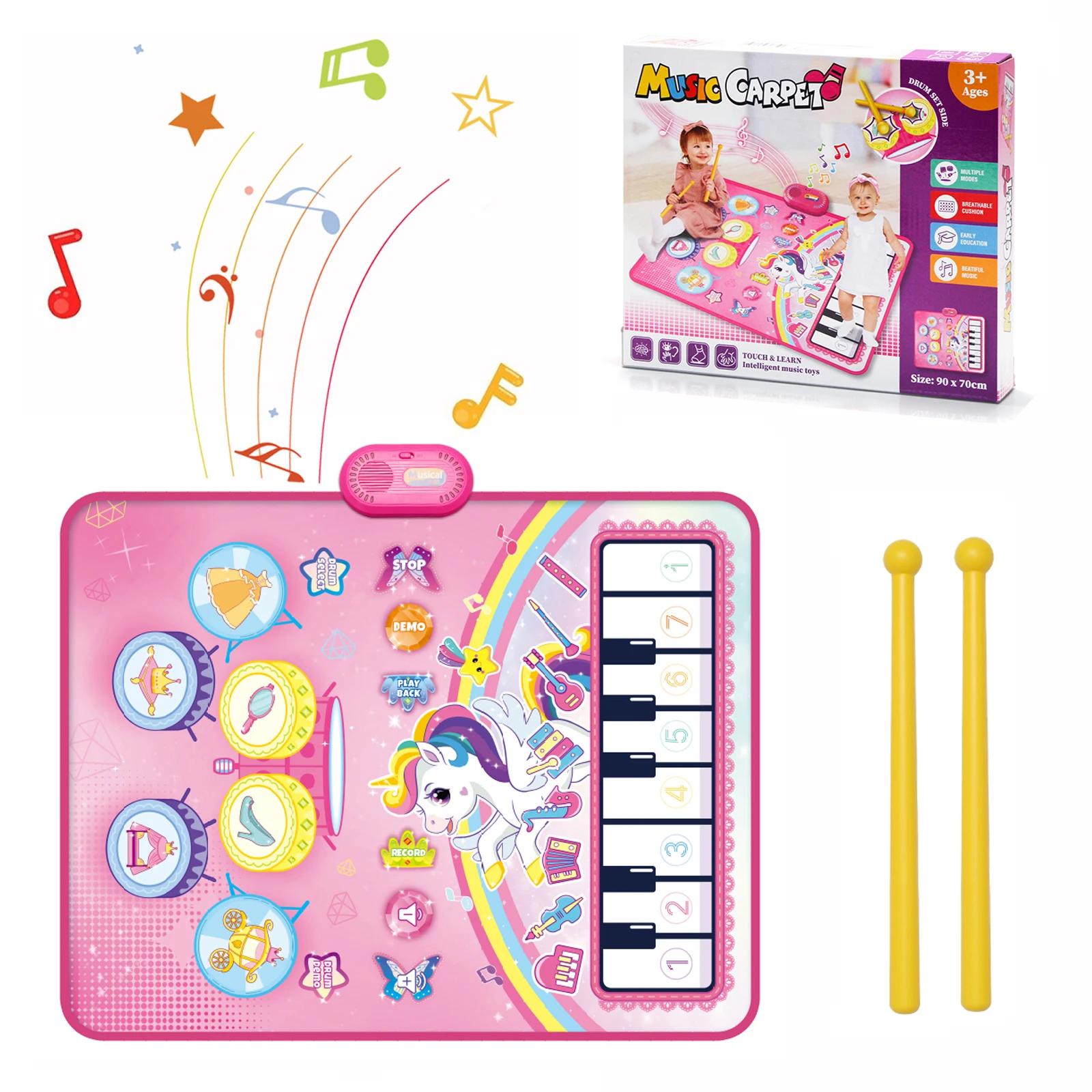 90x70cm Unicorn Music Mat Kid Toddler Mat Piano Keyboard and Drum 2 in 1 Toys Dance Mat 8 Instruments Sound Educational Toys