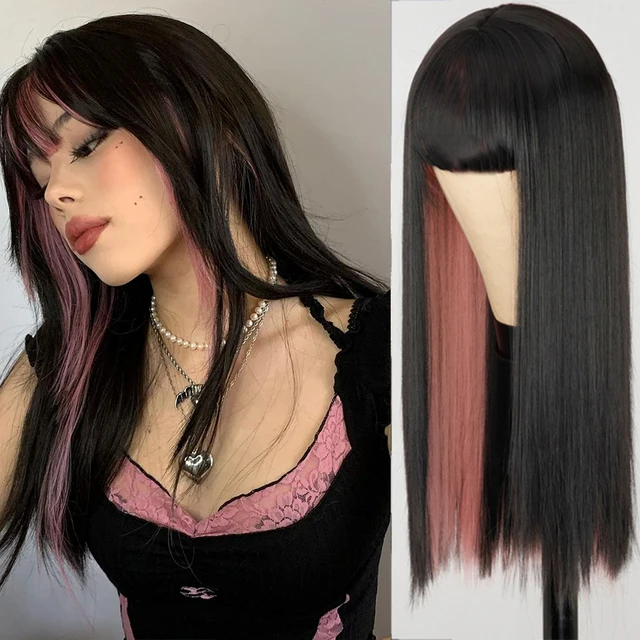 Synthetic Hair Pink and Black Wig Two layers of Wigs Long Straight hair Cosplay Wig Two Tone Ombre Color Women Wigs Lolita Wig 1B/30HL