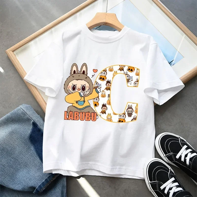 POP MART Labubu Kids Short Sleeve T-shirt Cartoon Anime 26 Letter Print Pullover Boys Girls Summer Casual Tops Loose Clothing 3