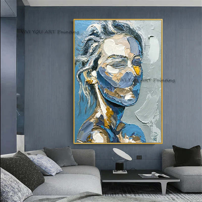 

Handmade face oil painting wall art picture portrait Palette knife canvas acrylic texture colourful large Blue Woman home decor