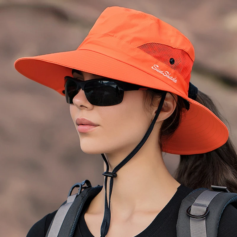 

Summer Women Bucket Hat Outdoor Solid Mesh Hiking Hat Letter Embroidery Ponytail Hat Foldable Waterproof Fishing Sun Hat 9002