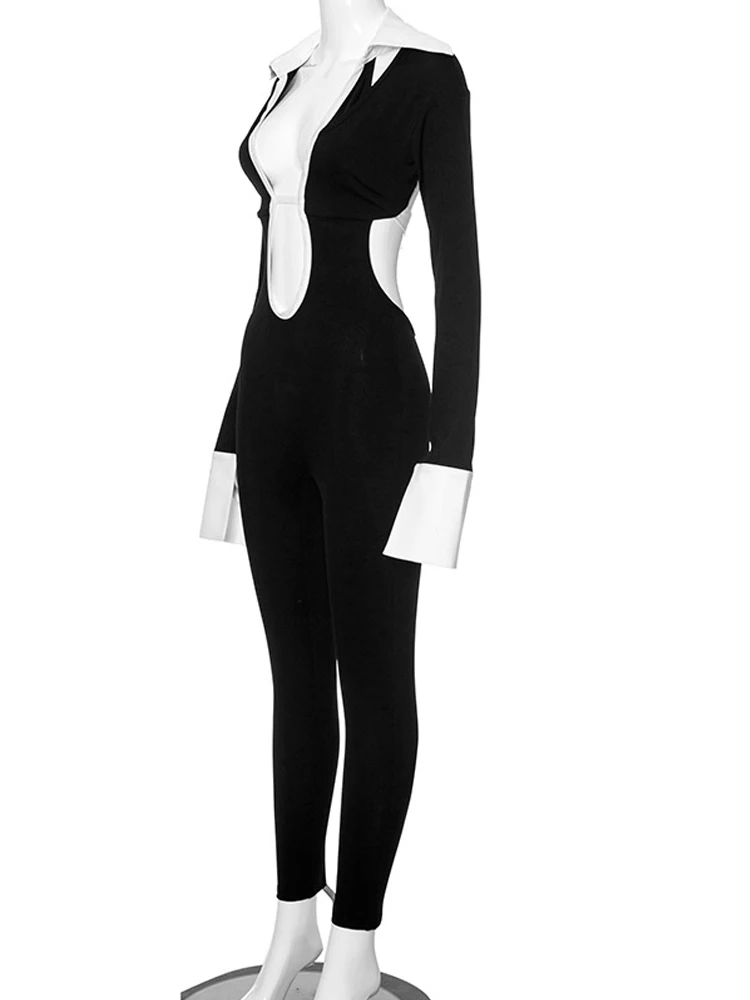 Kricesseen Women\'s Cut-Out Black Tie Back Runway Romper Fashion Women\'s Fitted Business Jumpsuits Overalls Night Club Outfits