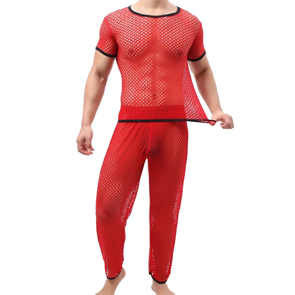 Sexy Transparent Men Undershirts Sets See Through Short Sleeve T Shirts Long Pants Underwear Pajamas Sleepwear Men's Clothes Set