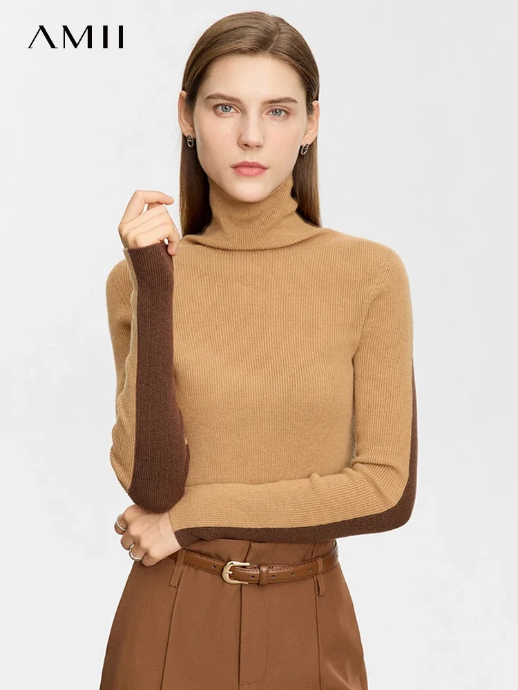 AMII Minimalist Turtleneck Sweater Women 2023 Color Contrast Autumn New Slim Top Knitted Base Female Spliced Pullovers 72343024