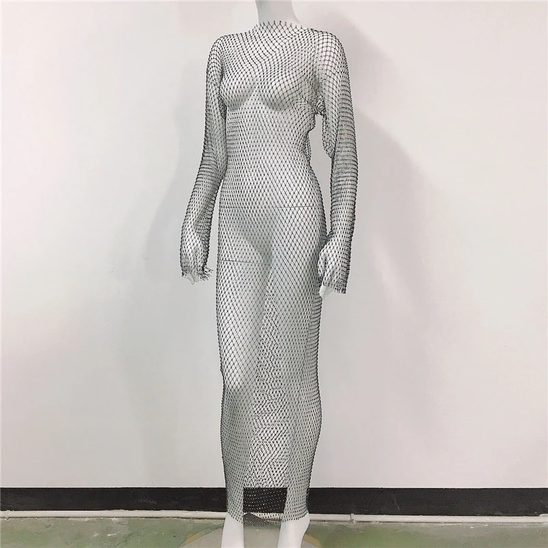 Glänzendes Strass-Gitter-Fischnetz-Kleid mit langen Ärmeln, O-Ausschnitt, aushöhlen, 2026, Sommerkleid, sexy Strand-Vertuschung, atmungsaktiv, Damen-Vestidos – Detail 6