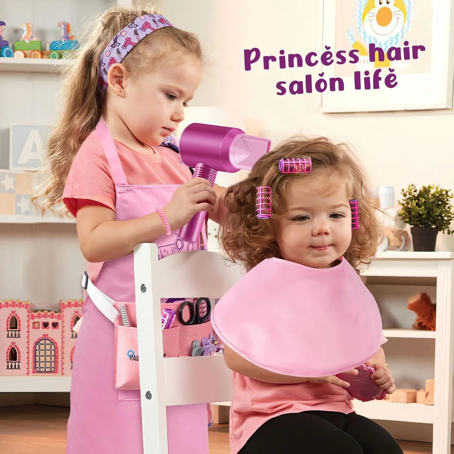 14pcs Hair Salon Pretend Play Toys for Girls, Makeup Playset Toddler Dress Up Beauty Stylist Kit, Hairdryer&Straightener, Gift