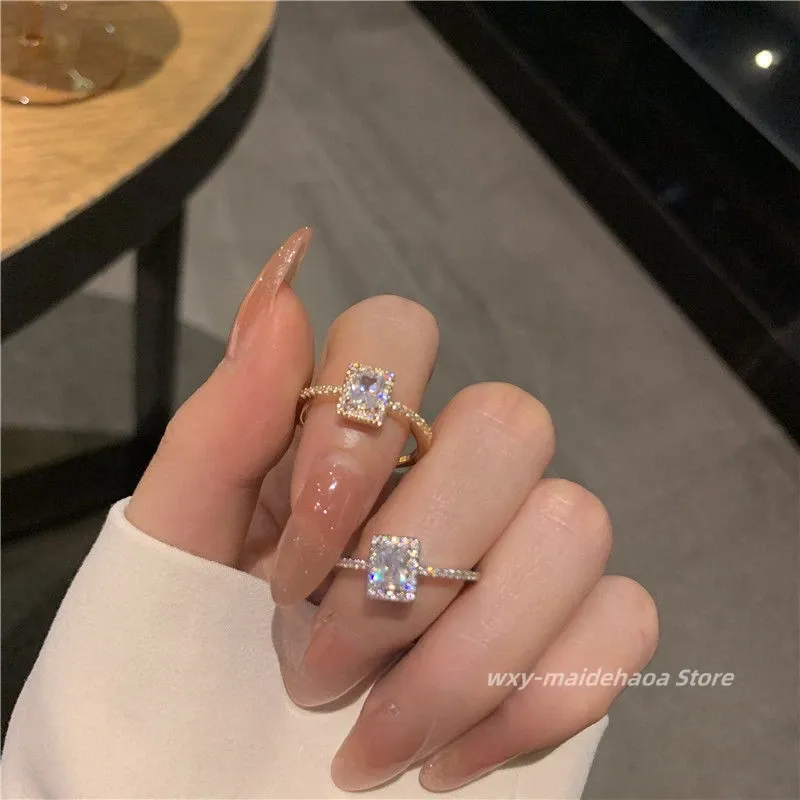 Luxury Classic Moissanite Wedding Engagement Rings for Women Square Lucky Ring Adjustable Gold Color Rings Charm Jewelry