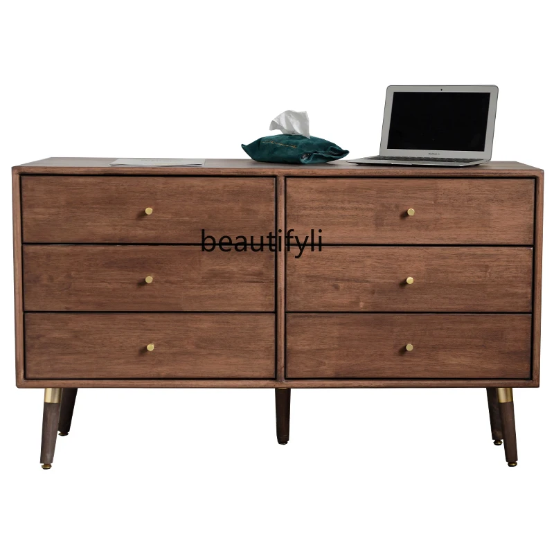 

Walnut Color Chest of Drawers Living Room Solid Wood Storage Hallway Locker Nordic Light Luxury Sideboard Cabinet