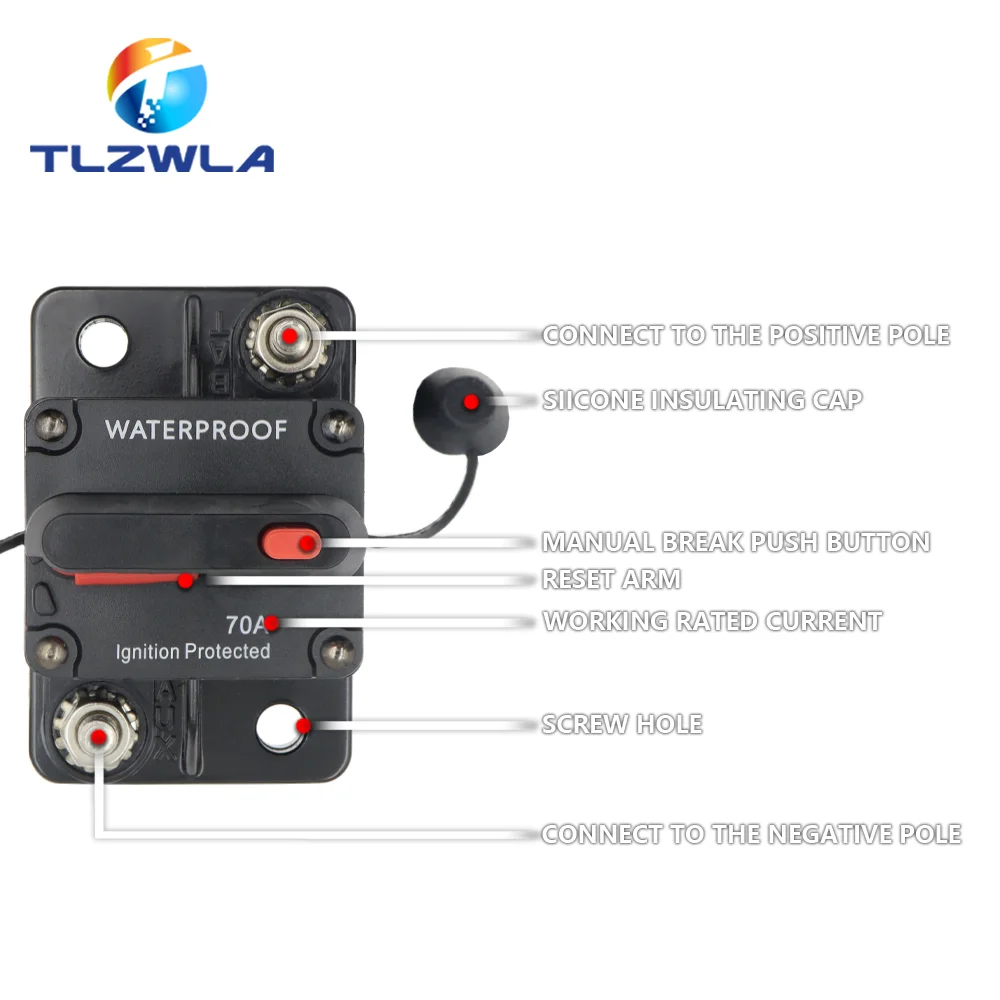 Waterproof Automotive and Marine DC Circuit Breaker Fuse Reset, 12-48V, 30A-300A Capacity