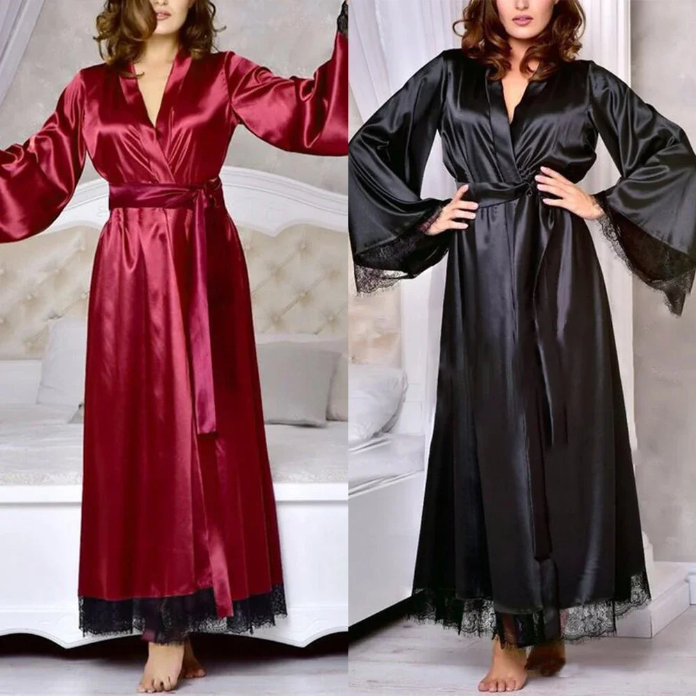 Women Long Bathrobe Kimono Robe Satin Nightdress Nightgown Nightwear Sleepwear Soft Sexy Home Perspective Cardigan Nightwear