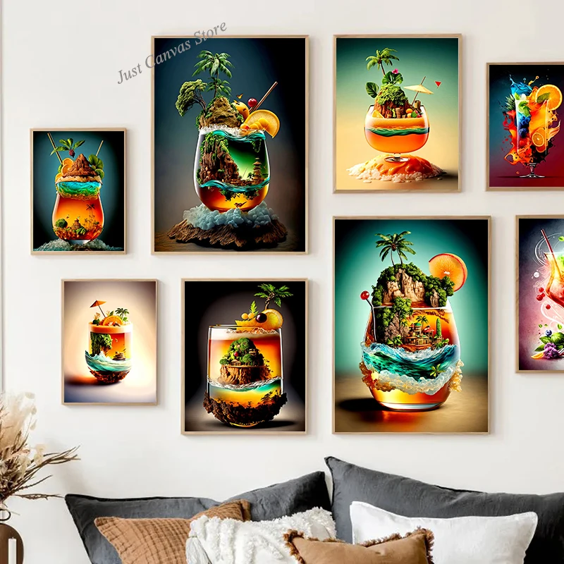 

Nordic Summer Colorful Cocktail Palm Trees Sea View Poster Print Canvas Painting Abstract Wall Art For Bar Room Home Decoration