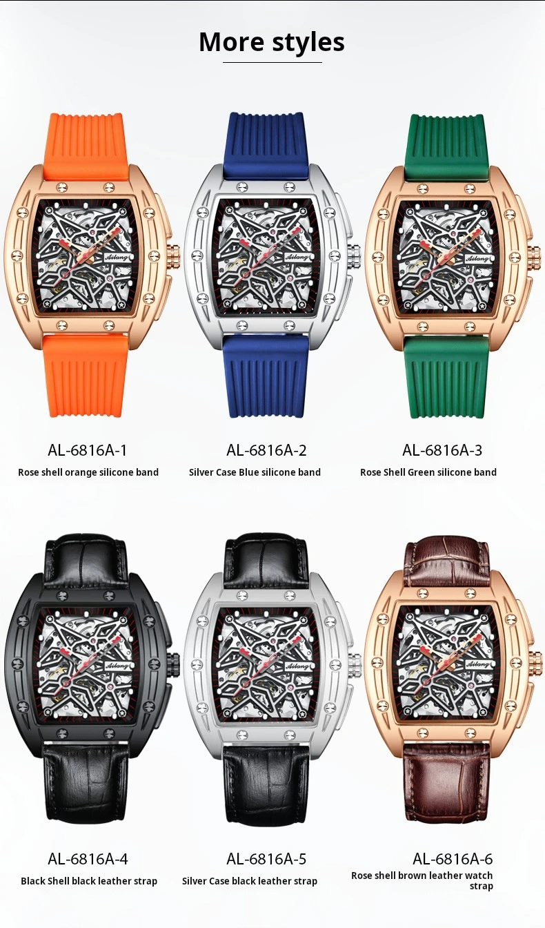 AILANG Brandneue Herrenuhr mit hohler mechanischer Uhr, modisches Lederarmband, wasserdicht, Skelett-Automatikuhr, Herren-Sportuhr_voghion.com