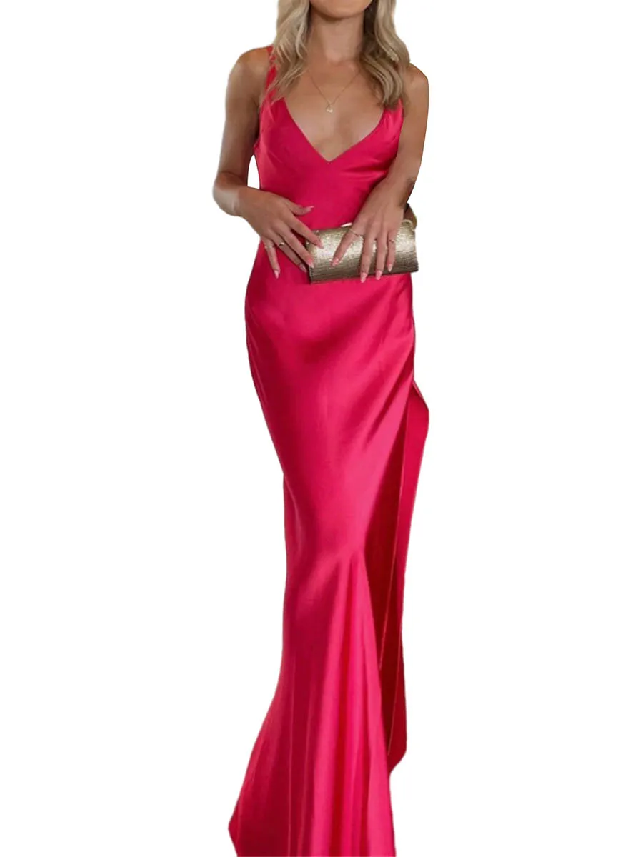 

Women s Elegant Spaghetti Strap Sleeveless Dress with V Neckline Backless Design Split Hemline - Perfect for Parties
