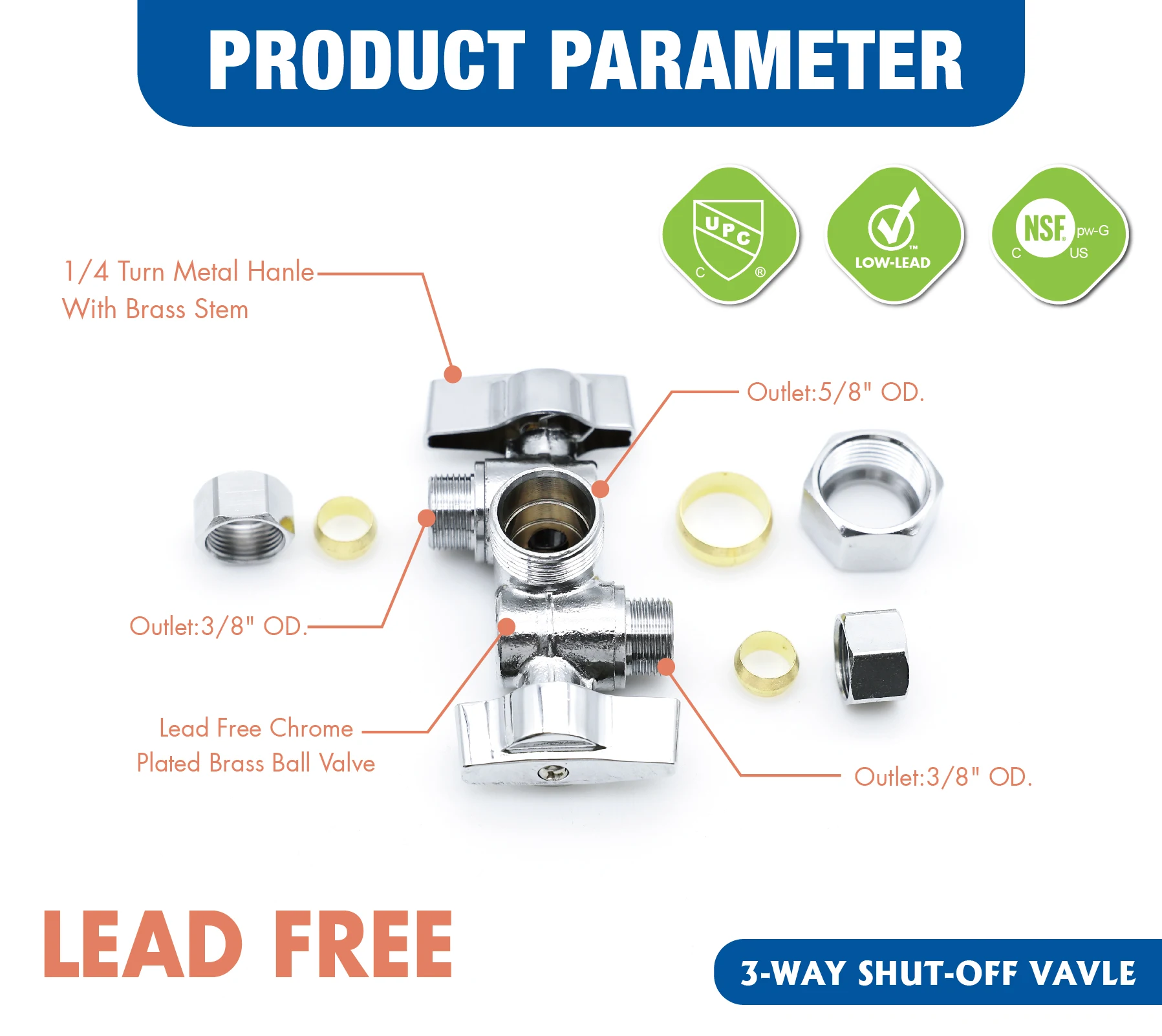 KING SMART 3/8" OD * 5/8" OD * 3/8" 1/4 Turn Dual Handle Stop Valve; 2Pcs/Case; 80407