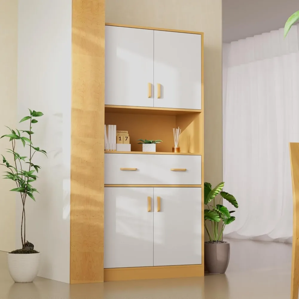 Oak and White Kitchen Pantry Cabinet,70" Tall Kitchen Storage Cabinet with Doors and Drawer, Freestanding Wooden Storage Cabinet 5