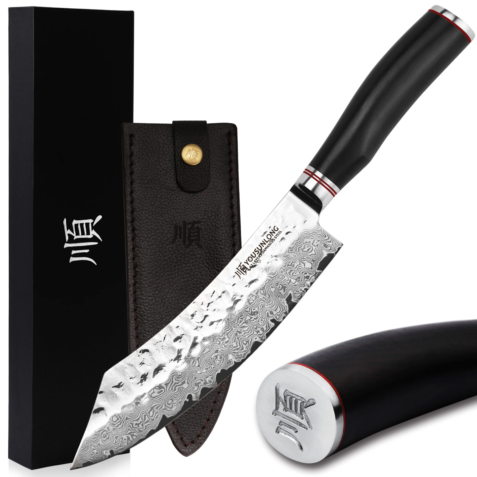 

YOUSUNLONG Butcher Knife Pro 8" Cimitar Hybrid Cleaver Japanese Hammered Damascus Steel Natural Leadwood Handle