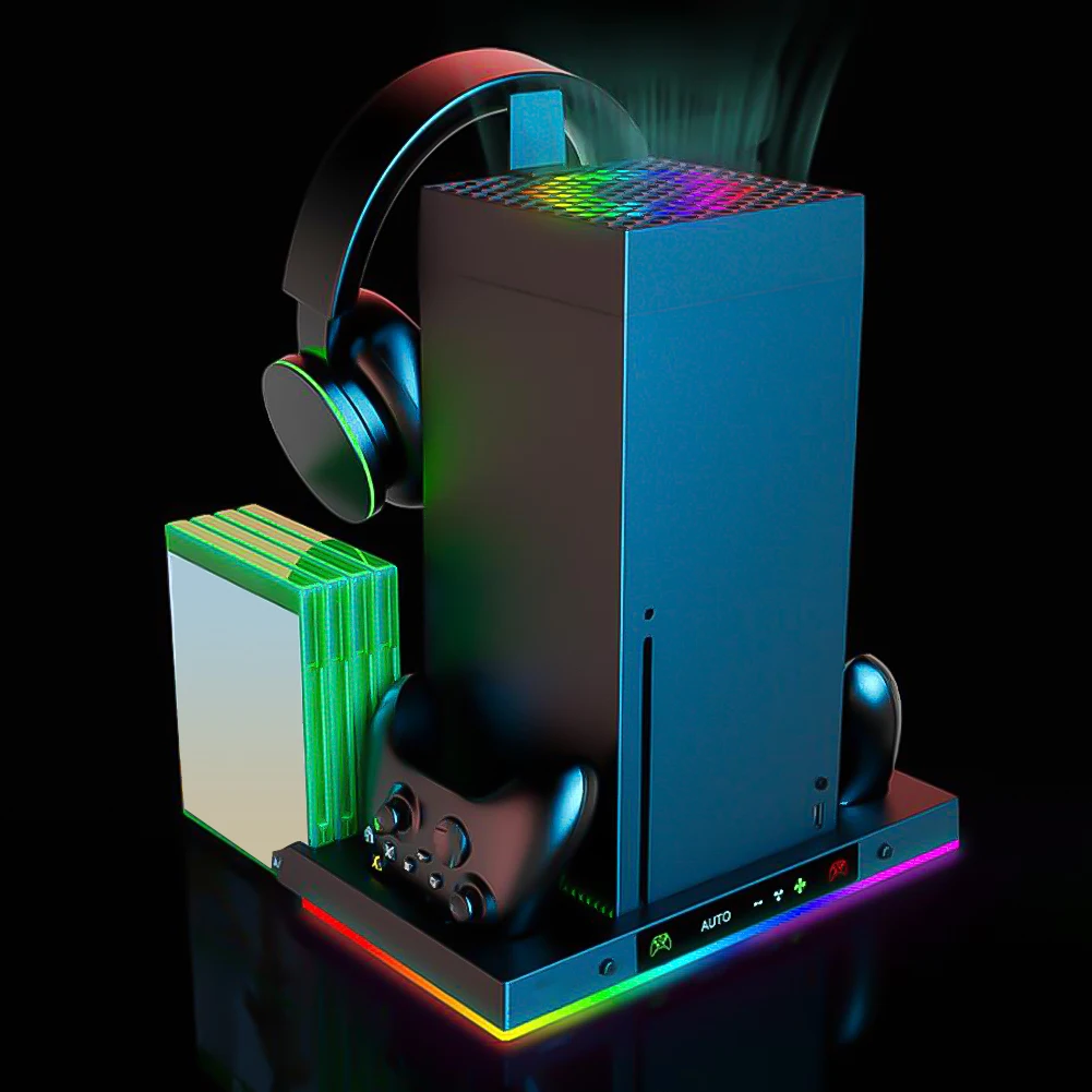 헤드폰 스탠드가 있는 RGB 충전 도크 3단계 팬이 있는 게임 컨트롤러 핸들 충전기 Xbox 시리즈 X용 게임패드 충전 시트