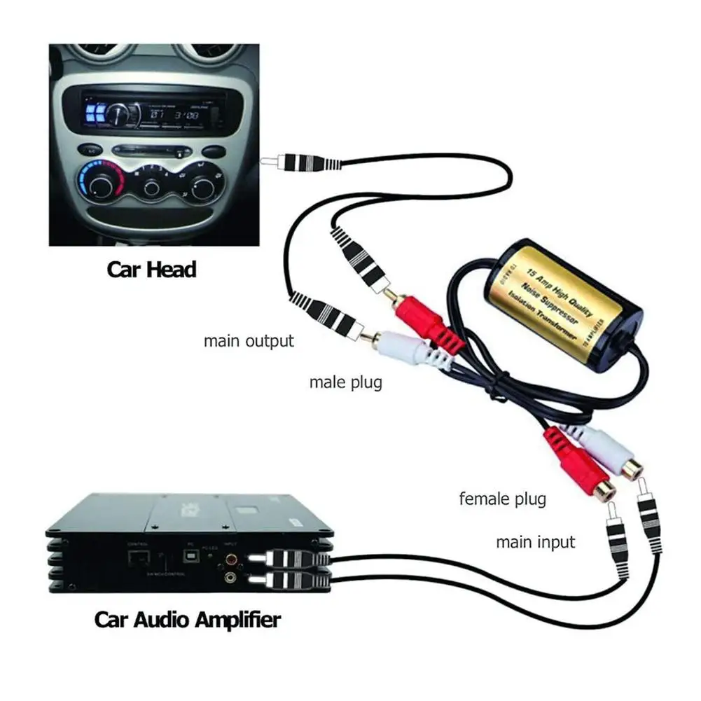 RCA Áudio Filtro de Ruído Supressor, Amplificador Ground Loop, Carro e Home Stereo, 2 × RCA Macho, 2 × RCA Fêmea